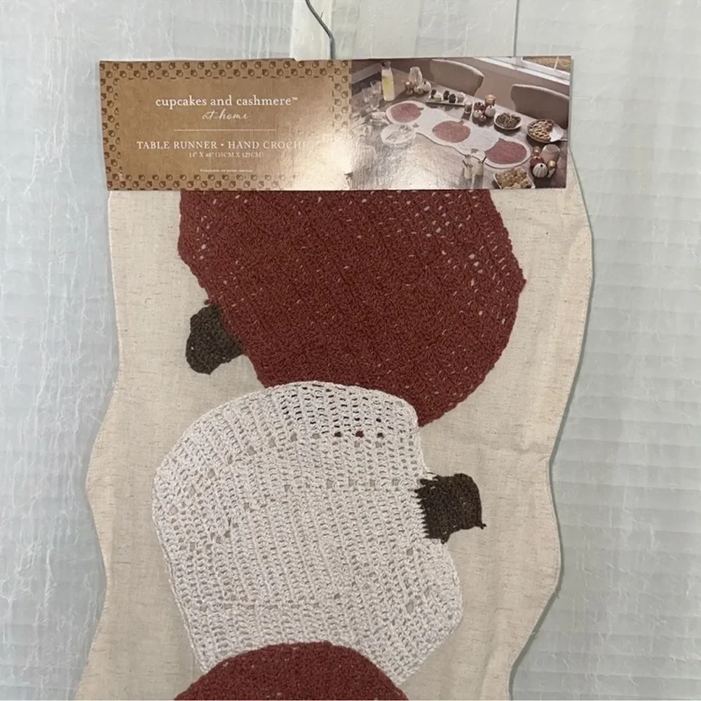 cupcakes & cashmere Ivory Linen White Rust Brown Crochet Pumpkins Table Runner